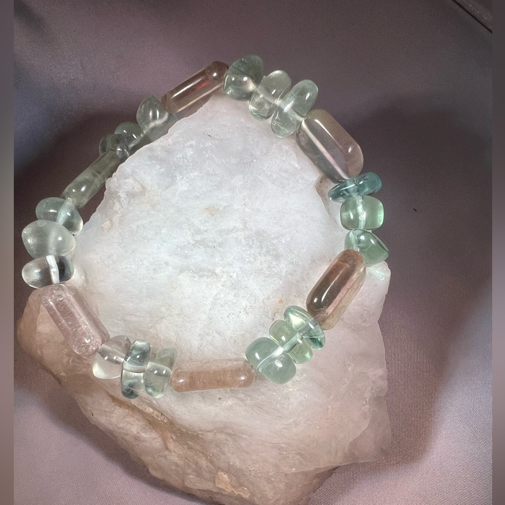Large Chunky Green & Pink Pastel Fluorite Gemstone Bead Bracelet 10x14mm Stones